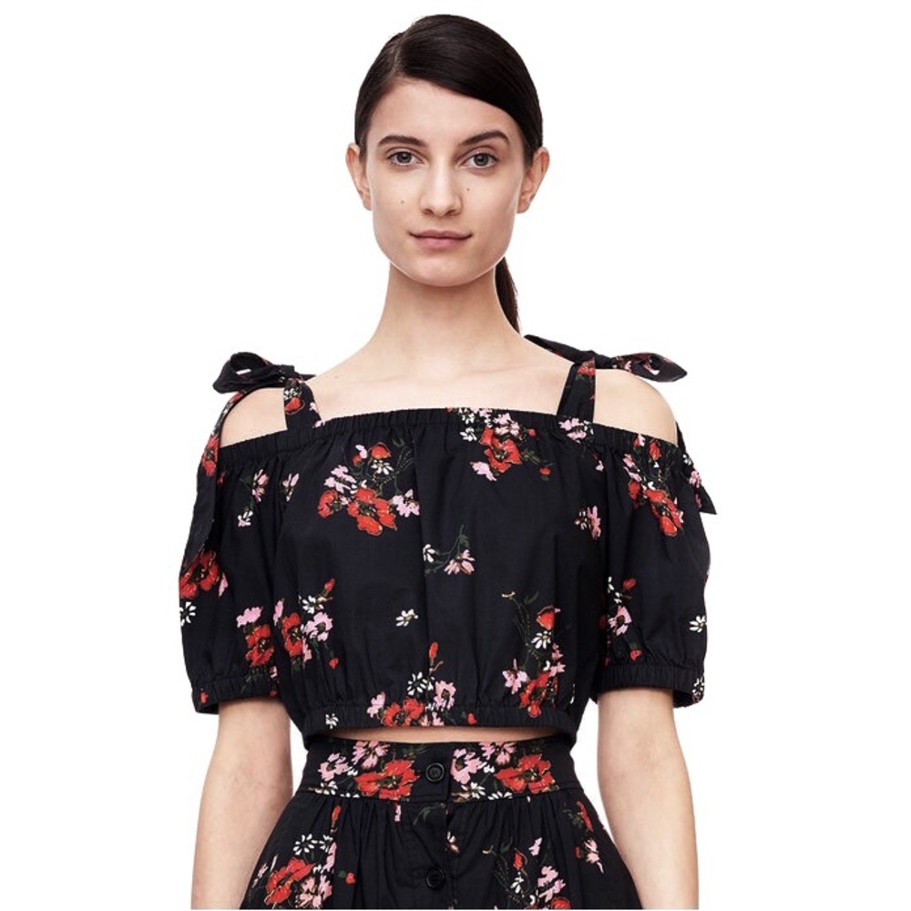 NEW REBECCA TAYLOR BLACK FLORAL PRINT COLD-SHOULDER CROP TOP